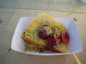 Photo of Mom's Flan Cake with bing cherries and pistachio bits at G&G Mobile Bistro